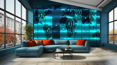 Chart diagram of the development of digital global technologies against background of world map. Binary code earth map. Digital technology concept, internet of things, cloud service, big data, vector Wall mural