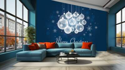 Christmas and New Year blue vector card with transparent Christmas balls Wall mural