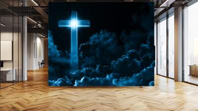 concept of christian religion shining cross on the background of cloudy night sky. dark sky with cro Wall mural