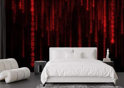 cyberspace with falling digital lines, abstract background with red digital lines Wall mural