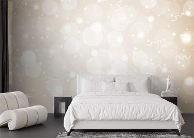 Festive party golden background with confetti, bokeh and serpentine. Soft pastel holiday background with golden sparkles. Light vector greeting card Wall mural