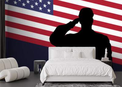 Happy veterans day banner, silhouette of a saluting us army soldier veteran on flag background. US national day november 11. American flag. Poster, typography design, vector illustration Wall mural