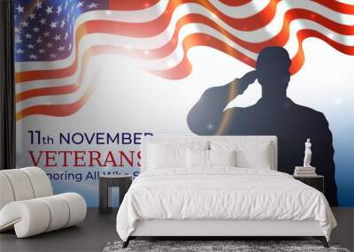 Happy veterans day banner, waving american flag, silhouette of a saluting us army soldier veteran on blue sky background. US national day november 11. Poster, typography design, vector illustration Wall mural