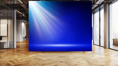 Spotlight background. Illuminated blue stage. Divine radiance, god. Backdrop for displaying products. Bright beams of spotlights, shimmering glittering particles, a spot of light. Vector illustration Wall mural