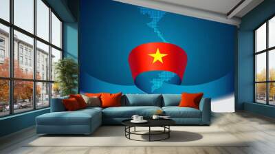 Vietnam flag, mosaic map on blue white background. Wavy ribbon with vietnamese flag. Vector banner design, national poster. Cover for business booklet. State patriotic, flyer, brochure Wall mural