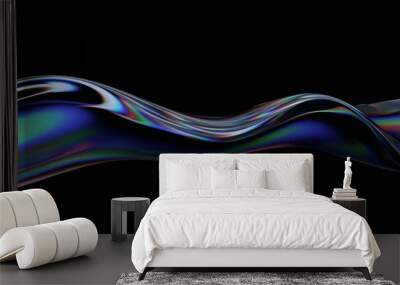 Abstract design, wavy iridescent shape on black background, 3d render Wall mural