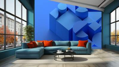 Abstract geometric composition, blue background design, 3d render Wall mural