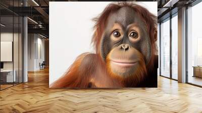 A close up, realistic of an orangutan with an introspective gaze, positioned on a vivid white background. The lighting is soft and even, capturing the fine details of the Wall mural