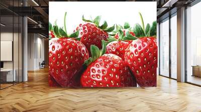 A detailed and realistic close up of bright, succulent strawberries set against a pure white backdrop. The realistic style emphasizes the glossy texture and vivid color of the Wall mural