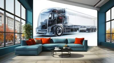 A dynamic 3D of a modern electric freight truck with semi transparent elements in a view, displaying Wall mural