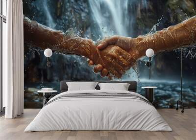 A realistic graph of two hands made of water splashes coming together in a handshake, with the background featuring a misty waterfall, the mist adding a magical atmosphere to Wall mural