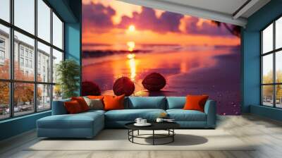 A stunning graph capturing a close up of a tropical island sunset. The sun s orange and pink hues Wall mural