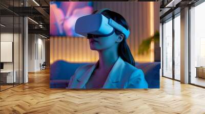 A woman wearing a futuristic virtual reality headset immersed in a cyber entertainment experience at Wall mural