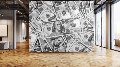 Black and white background of one hundred dollar bills. Top view of American banknotes pile. Finance and investment concept. High quality photo Wall mural