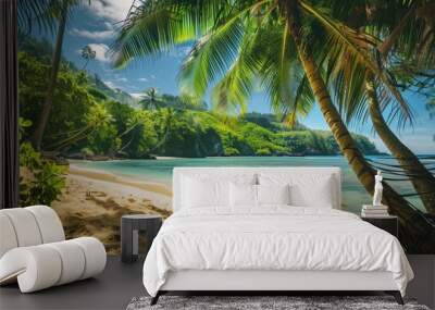 Blue sea, summer beach paradise. Travel to tropical islands, sandy coast, palm trees. Relax at oceanfront resorts, beautiful seascapes. Exotic destinations like Seychelles, Wall mural