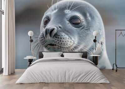 close up elegant seal with a glossy, smooth coat and expressive eyes, softly blurred ocean background, soft, natural enhancing the seal s fur texture, early morning, Wall mural