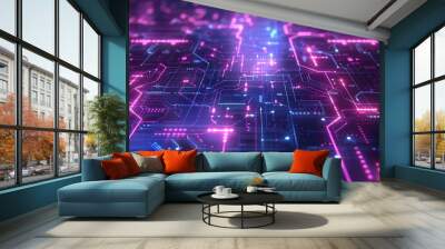 Digital technology abstract blue science background. Network computer cyberspace communication, hardware circuit engineering coding. Modern line energy futuristic web, Wall mural