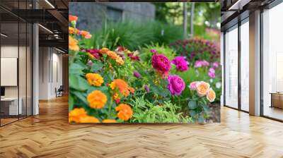 Gardening flower in summer nature, plant floral green beauty blooming. Spring blossom flora colorful red yellow park botany. Background pink flowerbed bright orange outdoors season Wall mural