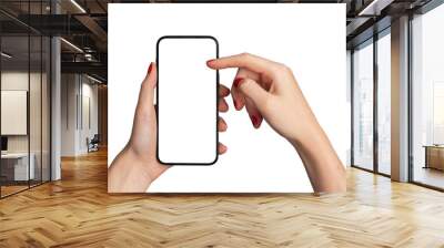 Hand holding mobile phone screen mock up, showing smartphone mockup, scrolling display, isolated on white background.., transparent PNG Wall mural