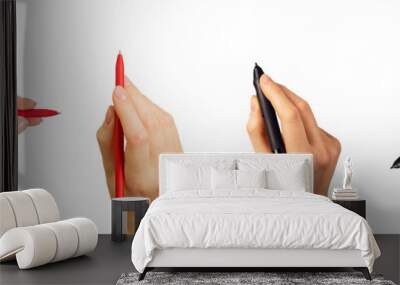 Hand holding red pen, digital stylus black pencil, drawing, top and side view, isolated on white Wall mural