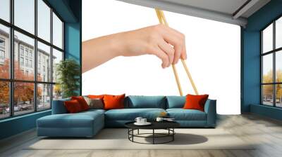 Hand holding wooden chopsticks, Chinese food sticks isolated on white background png Wall mural