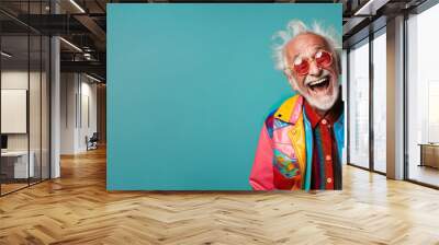 Happy laughing funny man of old senior age. Elderly person smiling, advertising banner background Wall mural