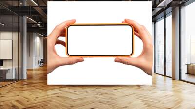 Horizontal screen in hands. Mobile smartphone mockup in hands isolated on white Wall mural