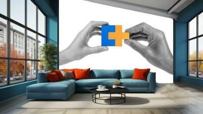 Man and woman hands with two matching puzzle pieces isolated on white background. Partnership, connection concept. Mutual understanding, support in relations. High quality photo Wall mural