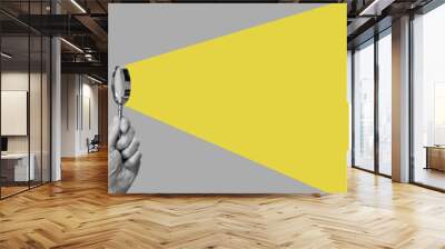 Man hand with magnifying glass. Yellow ray coming from loupe. Conducting check, information search and analysis concept. Spy, accountant, auditor job in abstract style. High quality photo Wall mural