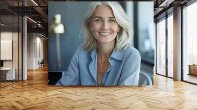 Mature woman at home, smiling, cheerful senior portrait. Happy, elegant lady with grey hair, healthy Wall mural