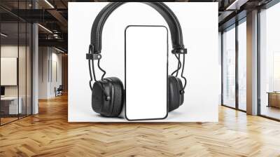 Mobile phone and headphones. Smartphone screen mockup, display template for audio music app ads Wall mural