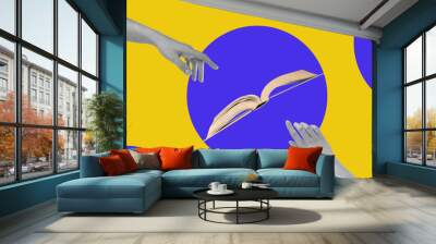 Modern collage with woman hands directing to book. Education, intellectual development, wisdom, enlightenment concept in blue and yellow colors. High quality photo Wall mural