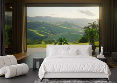 Nature landscape with view of hills and green travel. Tree countryside panorama with sunset field and agriculture. Summer scenic valley outdoor rural in Italy. Tourism Wall mural