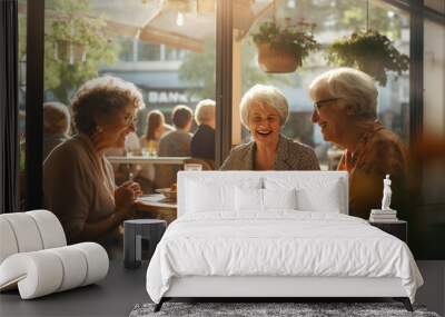 Senior old women friends meeting, gathering in cafe for chatting, gossips and coffee, breakfast Wall mural