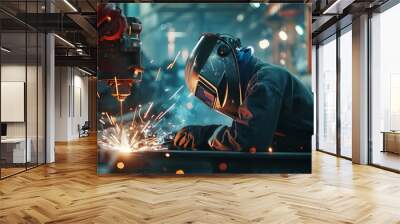 Welder working in industrial environment, safety and skill evident. Sparks fly as metal is fabricated, protective mask worn by worker.. Wall mural