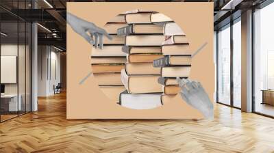 Woman hands directing to books stack. Contemporary art collage on pastel background. Education, intellectual development, getting knowledge and wisdom concept. High quality photo Wall mural