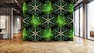 Glowing background with magic butterflies. Neon butterflies and glowing blooms. Seamless pattern. Wall mural