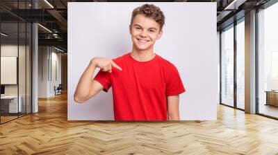 Portrait of handsome teen boy pointing oneself, on grey background. Emotions and signs concept. Happy smiling child looking at camera. Young student points fingers at himself Wall mural