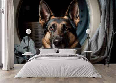 Shepherd dog looking into the drum of washing machine. Pet and laundering. Generative AI Wall mural