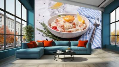 Classic carbonara pasta with fried bacon, parmesan cheese and egg yolk. Wall mural