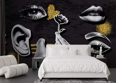 A dynamic collage of grunge banner halftone elements like lips, eyes, nose, and ears enriched with whimsical doodles, golden and silver stripes set against a dark background Wall mural