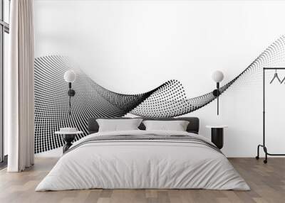 An abstract vector illustration, dynamic particle waves in a halftone gradient, forming a flowing dot curve against a white backdrop, embodying technology, sound, music, and modern aesthetics Wall mural