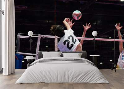 Volleyball outside hitter attacking against single block Wall mural