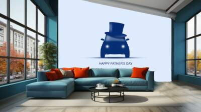 Happy father's day background. Silhouette of a car in a hat cylinder on a blue background. Wall mural