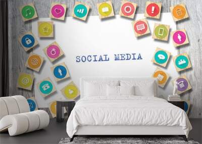 Social media concept with social icons on wooden blocks. Wooden background. Wall mural