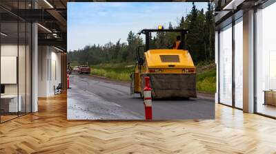 A heavy duty road roller is seen compacting asphalt subsurface during roadworks on a major freeway, transport infrastructure upgrade with copy space Wall mural