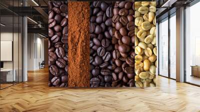 Coffee beans. coffee beans showing various stages of roasting from green beans through to Italian roast. Coffee concept Wall mural