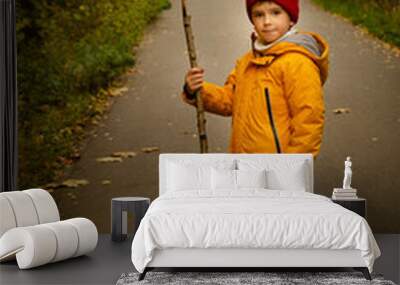 A boy in the park in the fall plays with leaves Wall mural