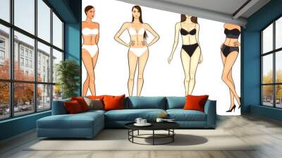 Fashion illustration of outline, young women in lingerie and in bikini, vector set, isolated, on white background. Wall mural