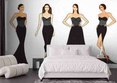 Fashion illustration of outline female models in corset dresses, isolated, on white background. Vector set. Wall mural